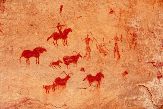 rock painting in desert, Bouhadian rocks in Tadrart Rouge, Tassili N'Ajjer National Park. Sahara