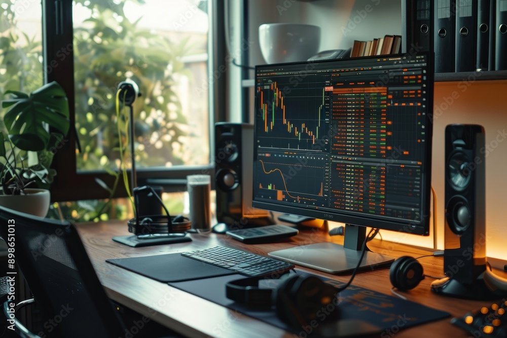 Aufkleber sophisticated minimalist home office with trader monitoring cryptocurrency markets on tablet and mon