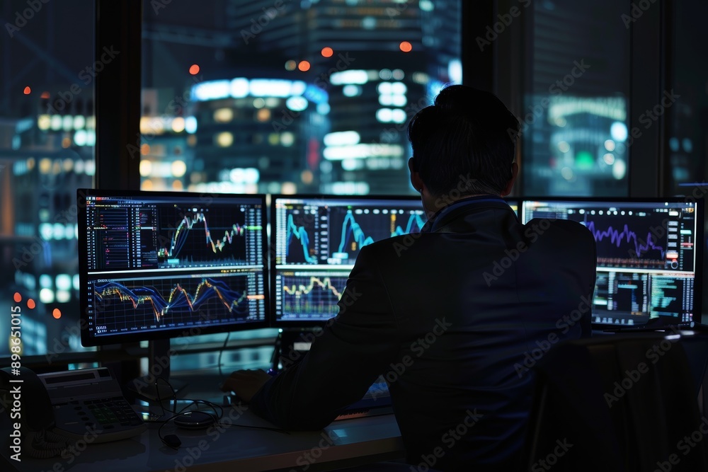 Poster nighttime forex trading scene with real-time data on multiple monitors in ambient lighting for finan