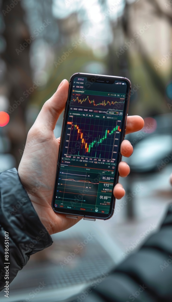Poster forex trader analyzing currency pairs on smartphone with live trading chart in vibrant cityscape