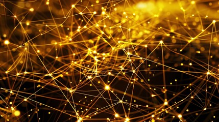 Dark background with connecting lines and nodes in a golden network pattern