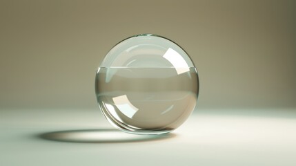 A clear glass sphere sits on a beige surface, casting a subtle shadow. The sphere reflects the soft, ambient light.