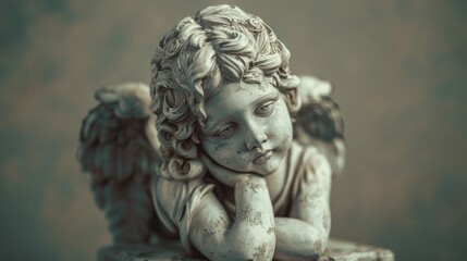 A close-up of a cherub statue with wings, resting its chin on its hand. The statue is made of white stone and has a soft, ethereal quality.