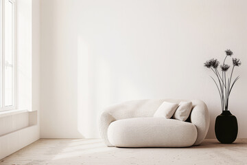 Minimalist living room are with natural lighting, neutral colors and minimal furniture. Residential interiors design composition with copy space.