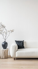 Minimalist living room are with natural lighting, neutral colors and minimal furniture. Residential interiors design composition with copy space.