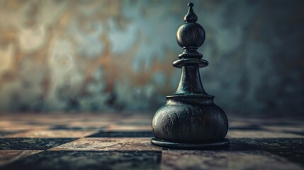 A lone black chess piece stands on a chessboard, with a blurred background. The piece is a bishop, symbolizing strategy and planning.