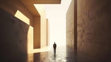 A lone figure walks towards a bright light at the end of a concrete hallway. The image is evocative of hope, faith, and the pursuit of something greater.