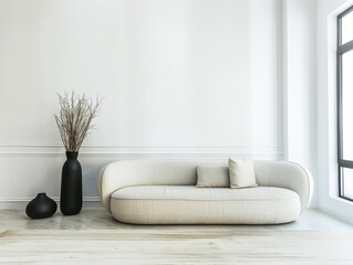 Minimalist living room are with natural lighting, neutral colors and minimal furniture. Residential interiors design composition with copy space.