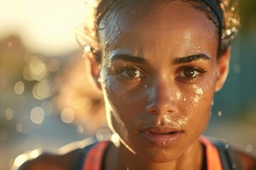 Focused Female Marathon Runner Mid Stride with Intense Expression and Sweat in Sunlight