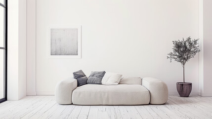 Minimalist living room are with natural lighting, neutral colors and minimal furniture. Residential interiors design composition with copy space.