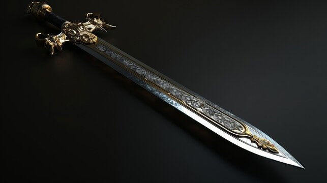A ornate, silver sword with gold accents lies on a dark surface. The blade is sharp and the hilt is intricately detailed.