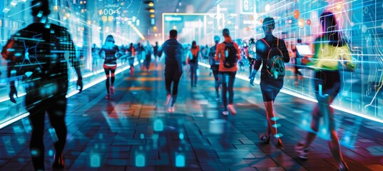 Virtual Racewalking Event with Digital Interface and Participants in Scenic Park Setting
