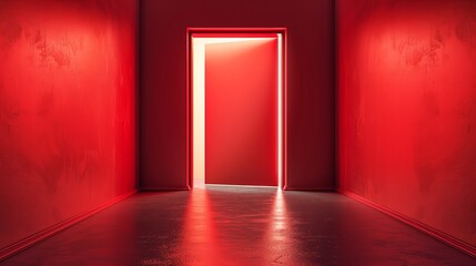 A red door ajar in a red hallway with light streaming through.