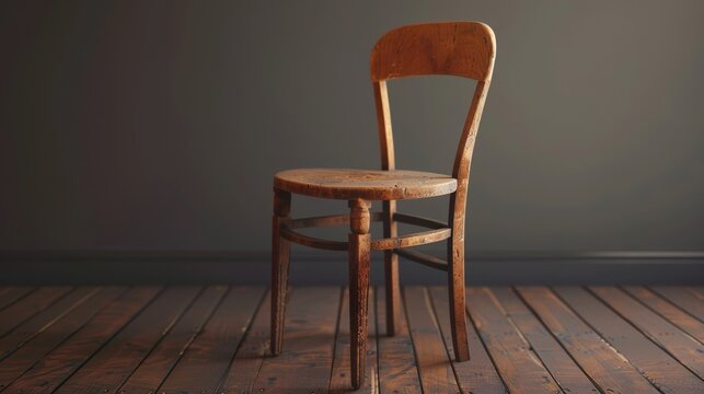 A simple wooden chair sits alone on a wooden floor against a dark gray wall.