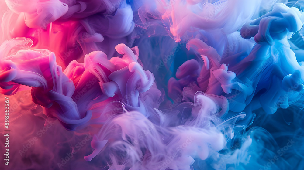 Poster dynamic purple and blue ink swirling in water, creating vibrant, abstract patterns and mesmerizing f
