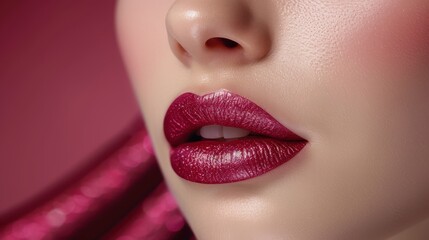 Fototapeta premium Close-up of a model with stunning pink makeup, featuring glittery eyeshadow and bold lipstick, set against a matching pink background. 