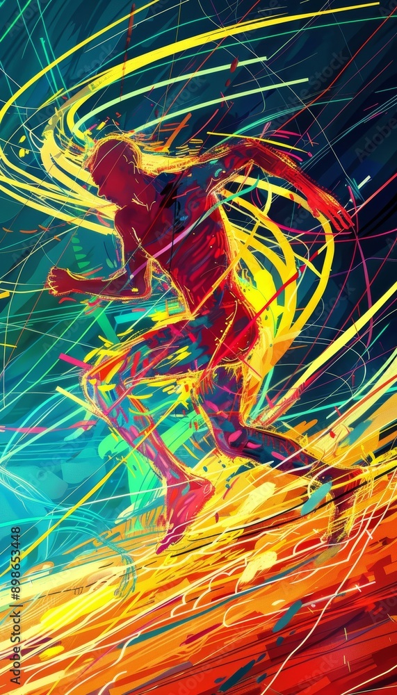 Poster vibrant artistic representation of triple jump athlete on abstract track and field background