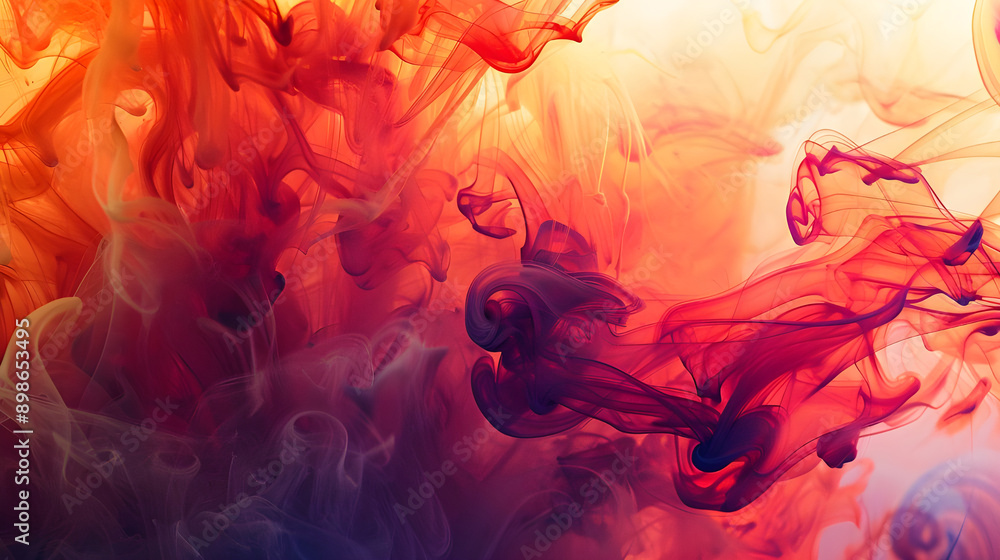 Poster Dynamic swirls of red and orange ink mix in water, creating a vivid and abstract visual effect with fluid motion.