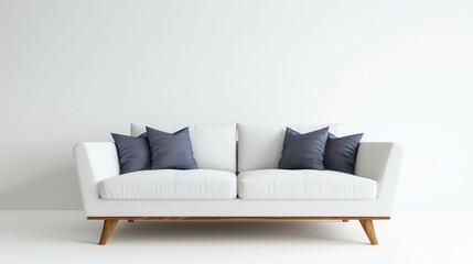 A white sofa with blue pillows sits in front of a white wall in a minimalist living room. Generative AI