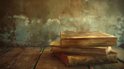 A stack of antique books on a weathered wooden table, illuminated by soft light.  The background is a textured wall with hints of blue.