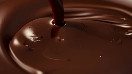 Close-up shot of melted chocolate pouring into a bowl, creating a swirl in the liquid. - Powered by Adobe
