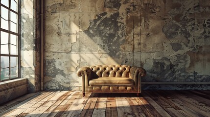 A vintage leather sofa sits in a room with a large window and rustic walls, bathed in warm sunlight.