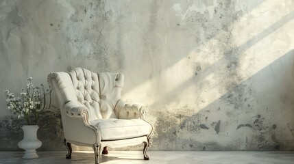 A white armchair sits in a room with a textured wall, bathed in soft sunlight streaming through a window.  The room evokes a sense of tranquility and peace.