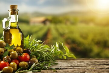 Mediterranean Olives and Extra Virgin Olive Oil in Countryside Setting