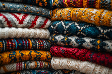 Warm sweaters, pattern, stack of sweaters, top view 