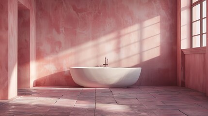 A white bathtub in a minimalist pink bathroom with natural light streaming through the window.