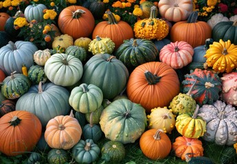 A vibrant assortment of pumpkins and gourds in various shapes, sizes, and colors, evoking a festive fall atmosphere.