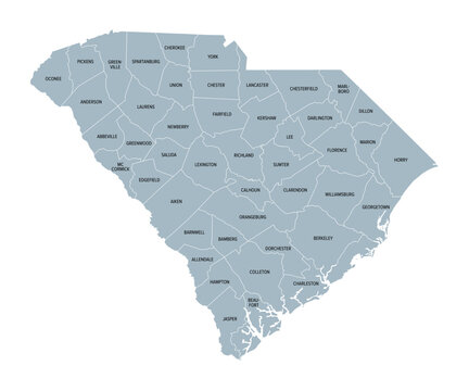 South Carolina counties, gray political map with borders and county names. State in the Southeastern region of the United States, subdivided into 46 counties. Nicknamed The Palmetto State. Vector