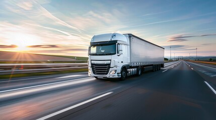 White Semi-Truck Driving on a Highway During Sunset