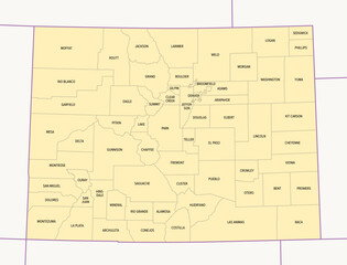 Colorado counties, political map with borders and county names. State in the Mountain West subregion of the United States, subdivided into 64 counties. Nicknamed The Centennial State. Illustration