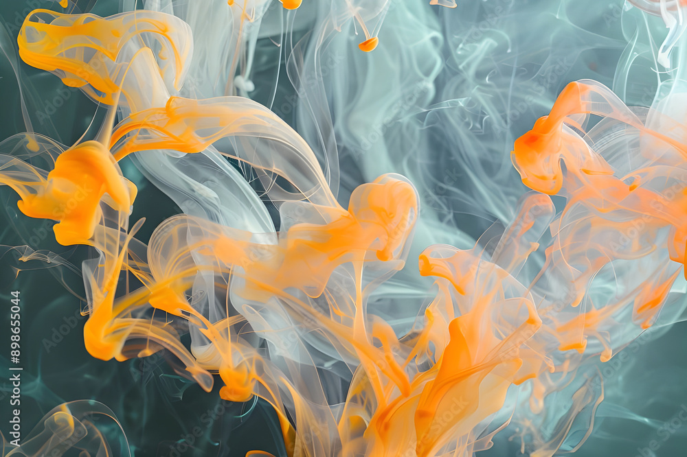 Poster Vibrant orange and gray ink swirls merge in water, creating a dynamic and abstract visual composition.