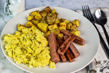 scramble eggs with   fried  spam sticks