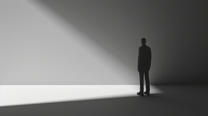 A solitary figure stands in a beam of light, casting a long shadow on a white wall. The image evokes themes of hope, uncertainty, and new beginnings.