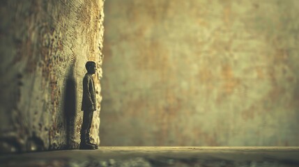 A solitary figure stands against a weathered wall, their silhouette a stark contrast against the textured backdrop.  The image evokes a sense of loneliness and introspection.