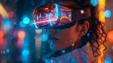 Futuristic Woman Wearing Colorful Virtual Reality Headset: Immersed in Vibrant Digital World with Glowing Lights