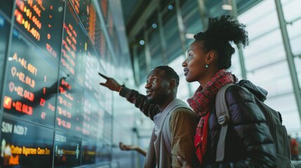 Obraz premium Travelers Viewing Flight Information at Modern Airport Terminal