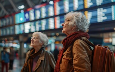 Two elderly women at a busy train station terminal, checking departure times on an electronic board.