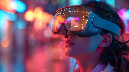 Futuristic Woman Wearing Colorful Virtual Reality Headset: Immersed in Vibrant Digital World with Glowing Lights