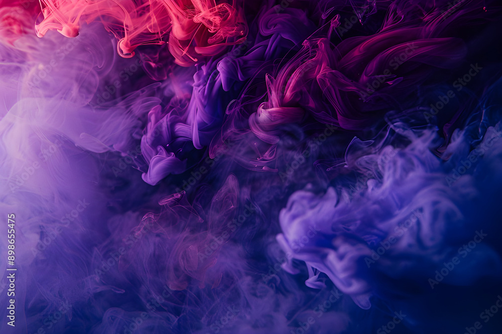 Poster Vibrant purple and pink ink swirls create a mesmerizing abstract pattern, blending seamlessly in a dark, mysterious background.