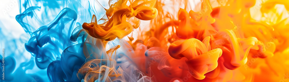 Poster Vivid blue and orange ink swirls merge dynamically in water, creating an abstract and vibrant visual display.
