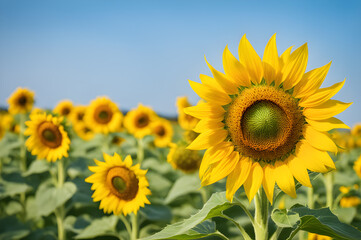 Fototapeta premium Close up of Sunflower with sunflowers blossom blooming field farm on background. Seeds and oil flowers for consumer material goods