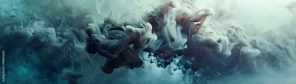 Poster abstract smoke cloud in shades of teal and gray, creating a mystical and ethereal visual effect agai