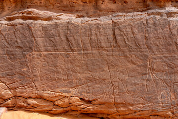 rock painting in desert, Bouhadian rocks in Tadrart Rouge, Tassili N'Ajjer National Park. Sahara