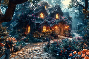 Enchanting fairytale cottage with glowing windows nestled in a flourishing garden with vibrant flowers and lush greenery at twilight.
