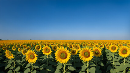 Fototapeta premium Sunflowers blossom blooming field farm with blue sky. Seeds and oil flowers for consumer material goods