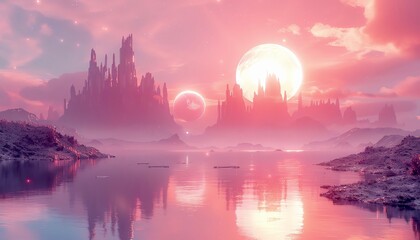 Fototapeta premium Pink sunset over a fantasy city with double moons